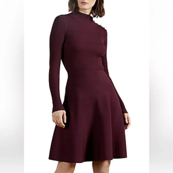 TED BAKER Women Knit A-line Dress Mock Collar Long Sleeve Fit Mini Dress size 1 - Picture 1 of 9